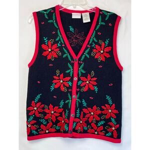 Bobbie Brooks Women's Christmas Poinsette Beaded Vest - Red/Black - Small